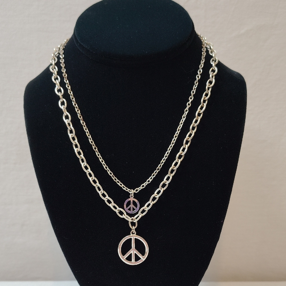 Silver Peace Sign Layered Necklace